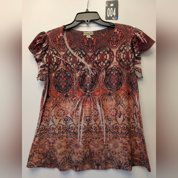 One World Women's Brown Orange Floral Print Button Up Short Sleeve Top Boho Sz L - Picture 1 of 10